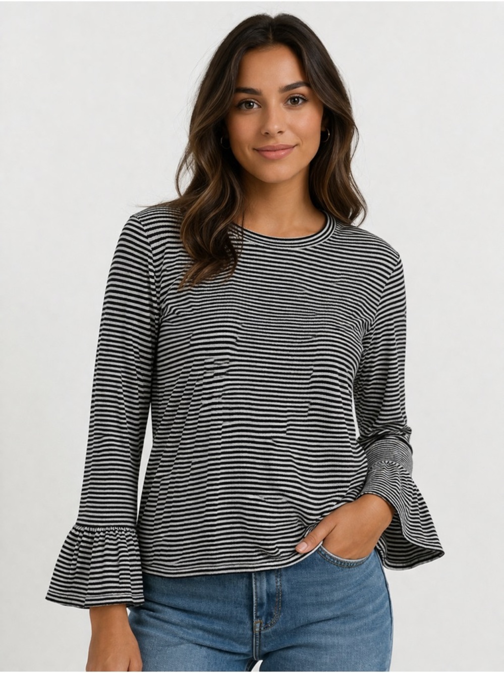 Frame Womens Flounce Sleeve Crew Neck Black White Striped T Shirt Top M